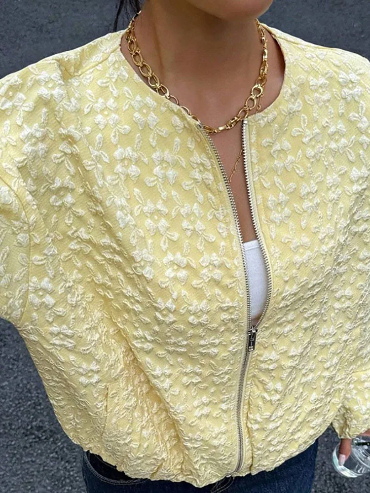 秋のファッション O ネックジャカードジャケット冬エレガントなハイトストリートルーズショートコート女性のカジュアル長袖ジッパーカーディガン