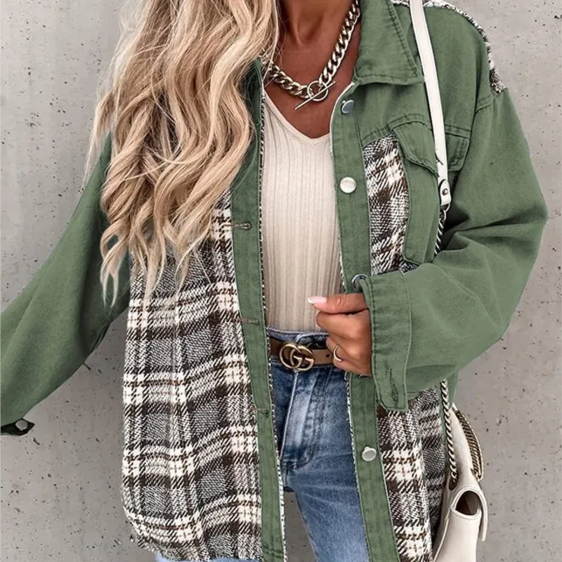 Lapel Patchwork Plaid Buttoned Shirt Jacket Women's Autumn Winter Versatile Office Commuting Short Coat Casaco Feminino Chaqueta