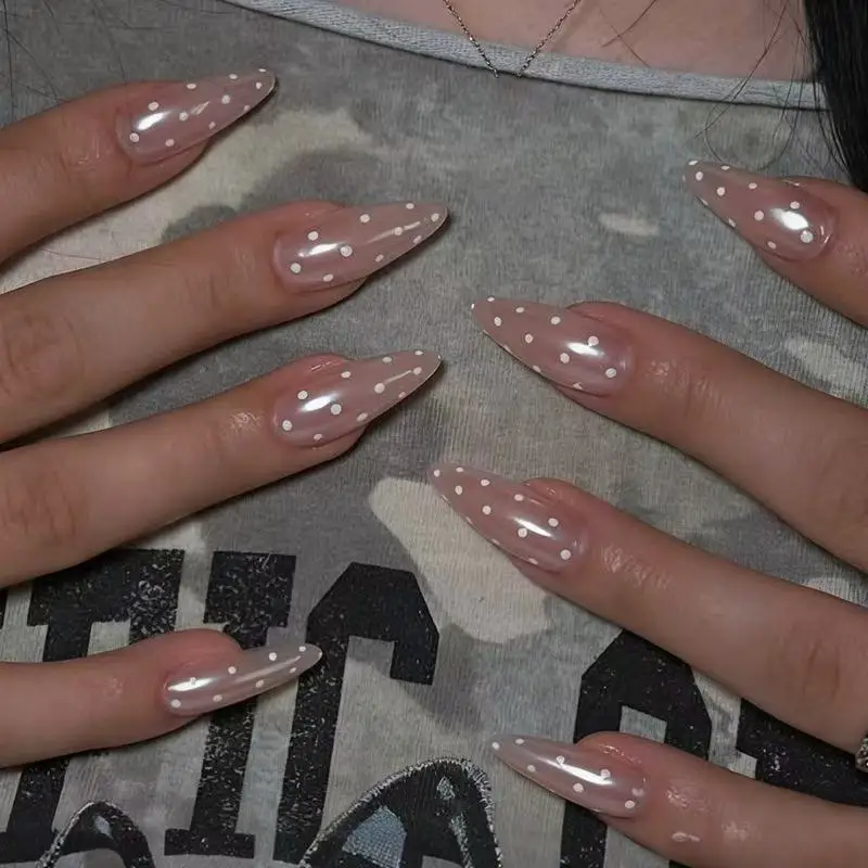 24PCS Shiny nude white polka dot fake nails transparent base gel minimalist press-on handmade nail art
