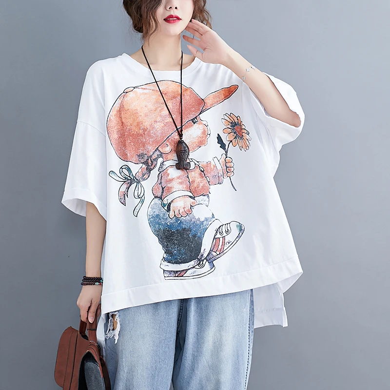 

Cartoon Printed Oversized Women T-Shirts Summer New Cotton Loose Female Pulls Tops Tees