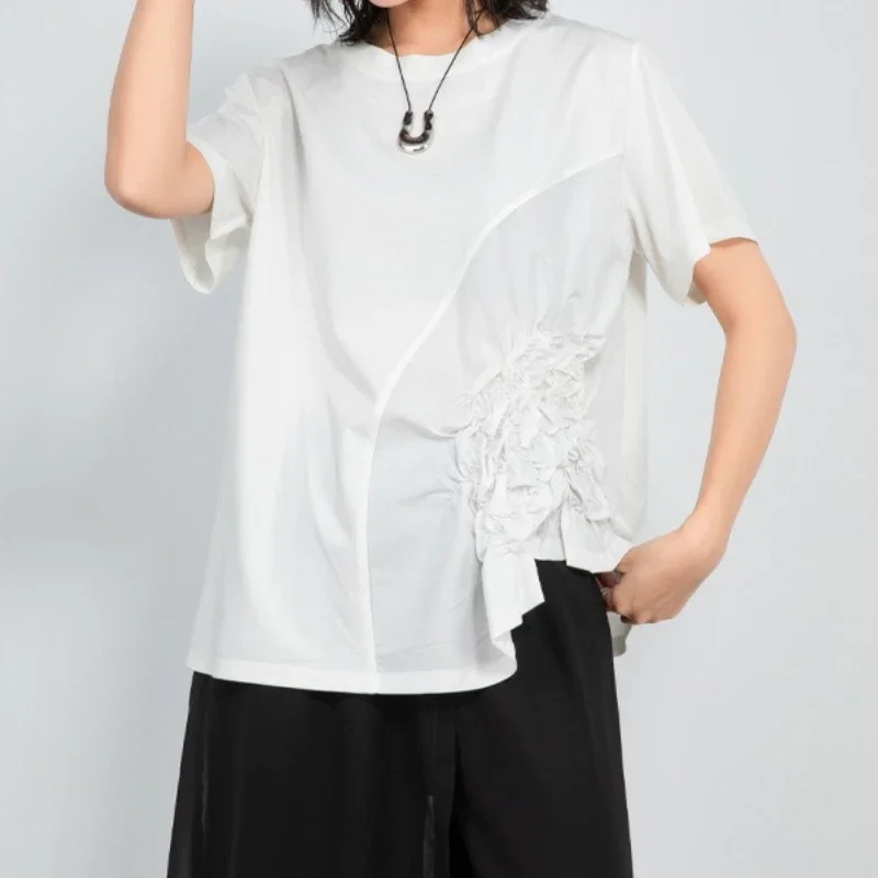 

Summer Design Sense 2026 Version Casual Crew Neck T-shirt Women's Sweet Irregular Stitching Pleated Casual T-shirt
