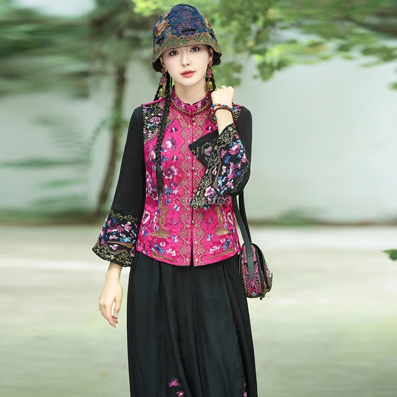 

Новинка 2025 года: Женский жилет в китайском ретро-стиле с вышивкой цветов, без рукавов, с воротником-стойкой, свободного кроя, в стиле танский костюм/ципао.