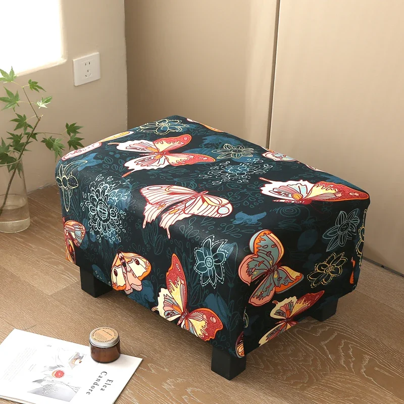 Fashion Print Stretch Footstool Cover Ottoman Slipcover Protector Pouffe Dustproof Slipcover Rectangle Elastic Fabric Home Decor