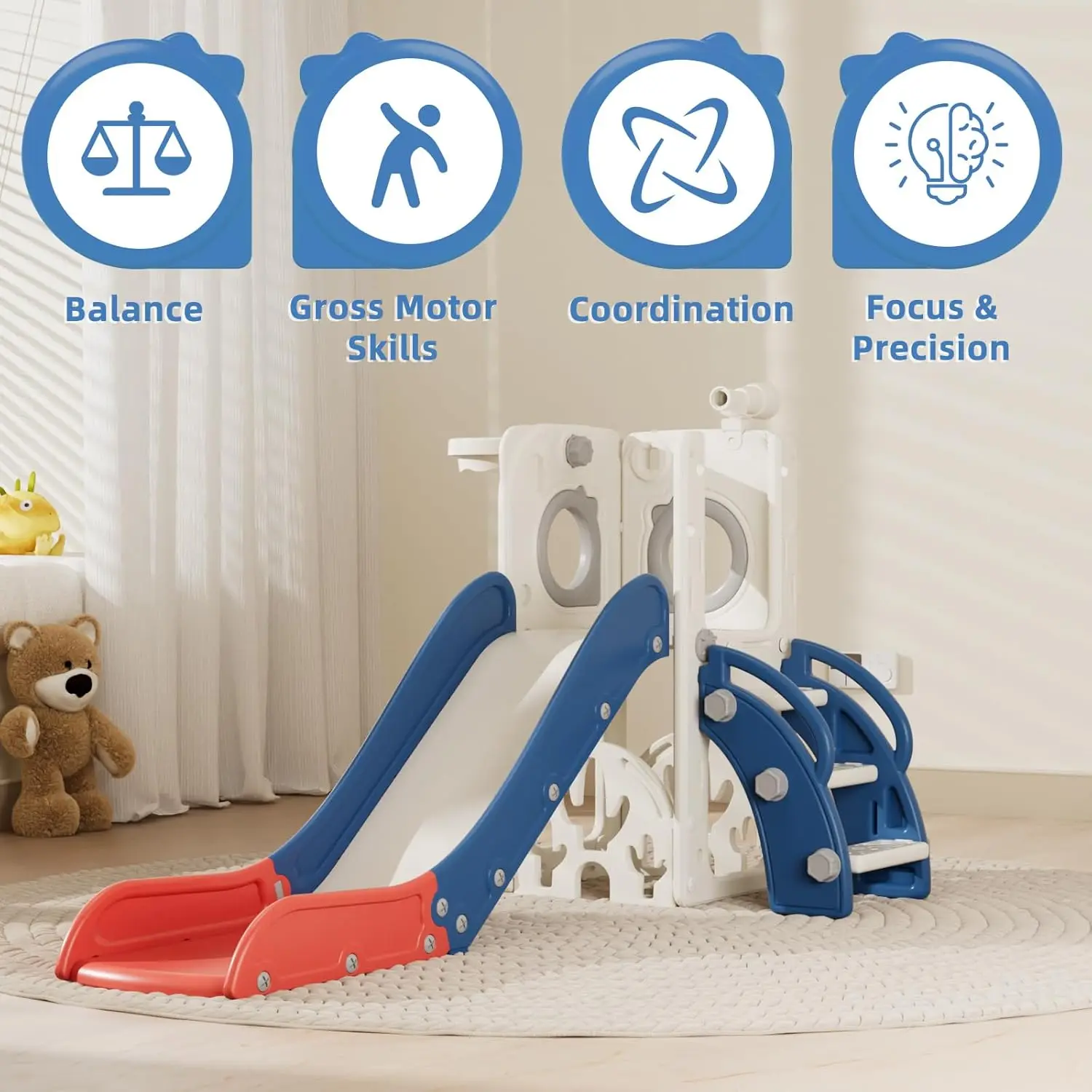 Scivolo per bambini 7 in 1, scivolo per bambini per bambini di 1-3 anni, interno ed esterno con canestro da basket e set da golf, plastica Sl