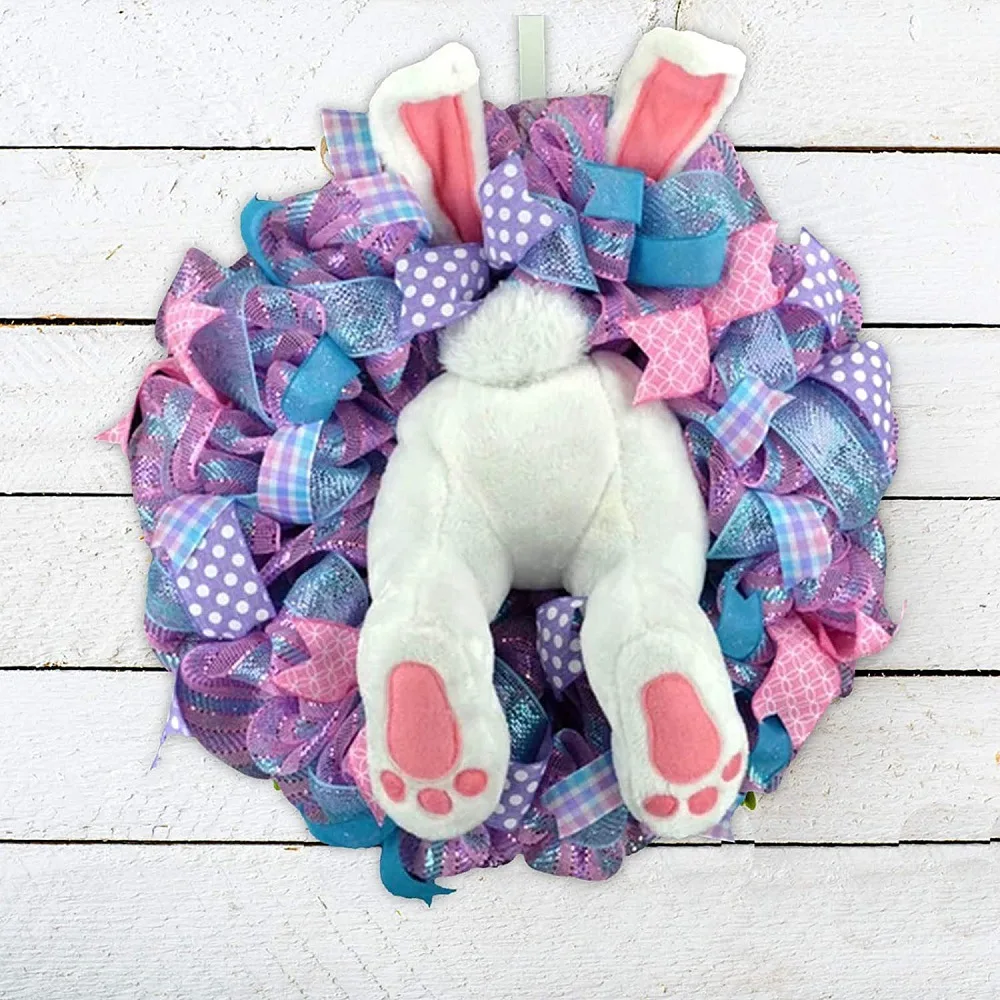 40cm Easter Bunny Hanging Wreath Decorative Wreath Home Decor Props Cute Plush Ribbon Rabbit Wreath Door Wall Decor