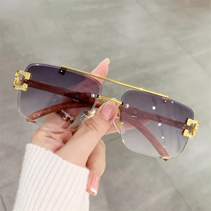 Double Bridge Sunglasses Women Men Rimless Diamond Cut Sun Glasses Wood Grain Leg Small Rectangle Clear Shades Uv400 Eyewear New