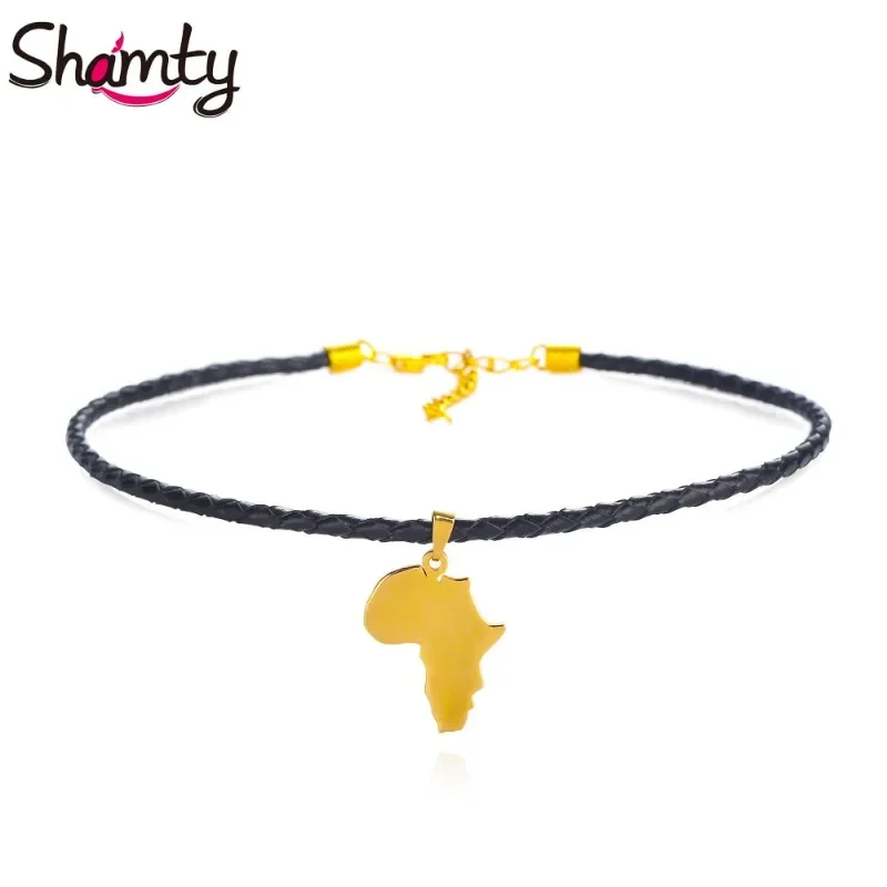 Shamty Choker Necklace Africa Map Pendant Gold Color Jewelry Brand Fashion Jewelry Black Rope Necklace Roll Fashion Women Item