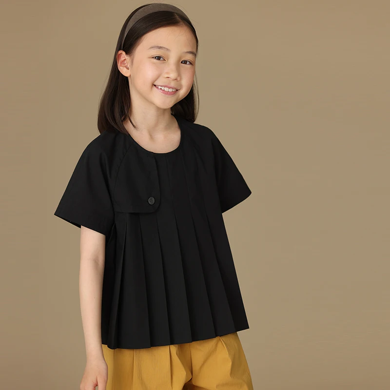 

2024 Children's Cotton Short Sleeve Top Black Solid Shirt Half Sleeve Summer New Style For Middle Kids Kidswear T-shirt