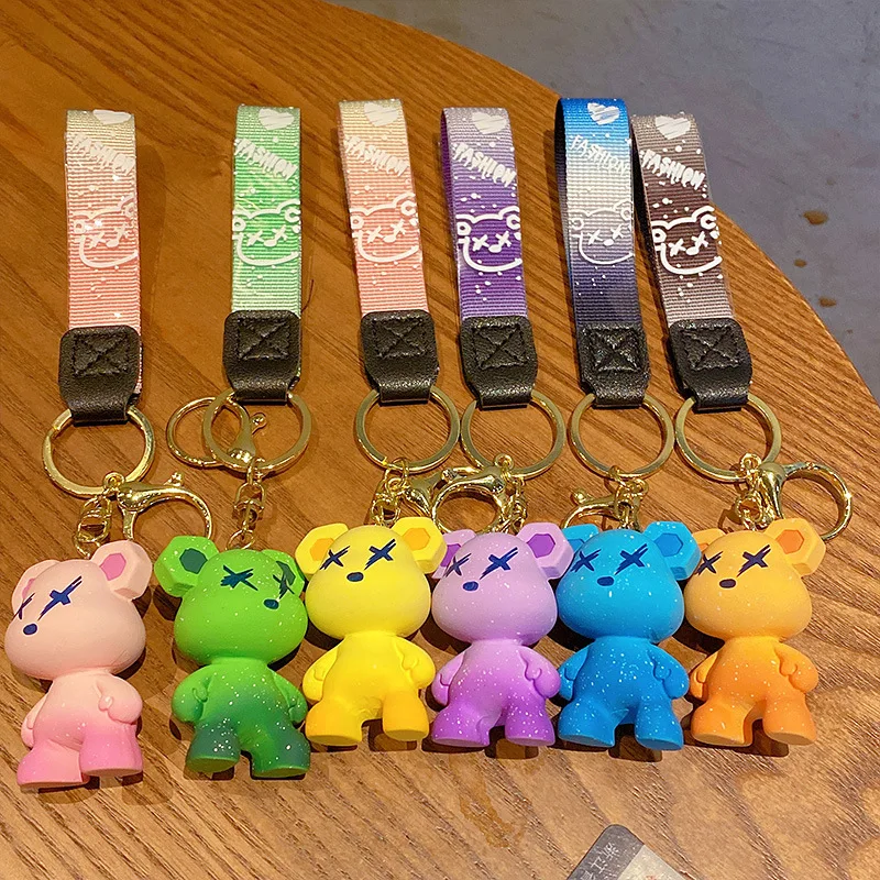 Starry Sky Gradient Color Bear Keychain Men and Women Couple Bag Pendant Car Key Ring Chain Accessories Keyring Gift for Friends