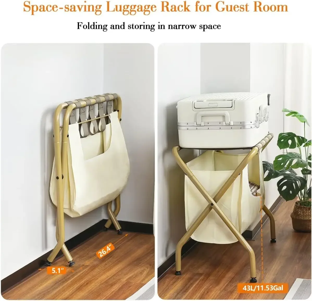 XMSJ.2 Pack portaequipajes con bolsa de lavandería, soporte para maleta plegable para ahorrar espacio para habitación de invitados, estante para equipaje máximo de 110 libras con pesado