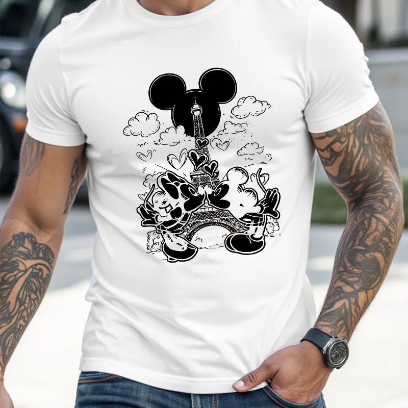 

Рубашки Disney Eiffel Tower с Микки и Минни для всех сезонов для мужчин и женщин, повседневная модная уличная одежда из чистого хлопка