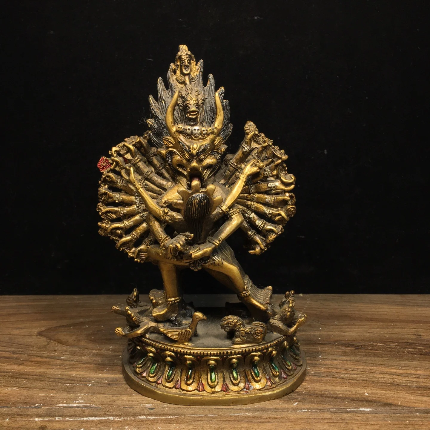 

Temple Collection Old Bronze Painted Yamantaka Yab-Yum Buddha Lotus Platform Sitting Buddha Worship Hall Town house