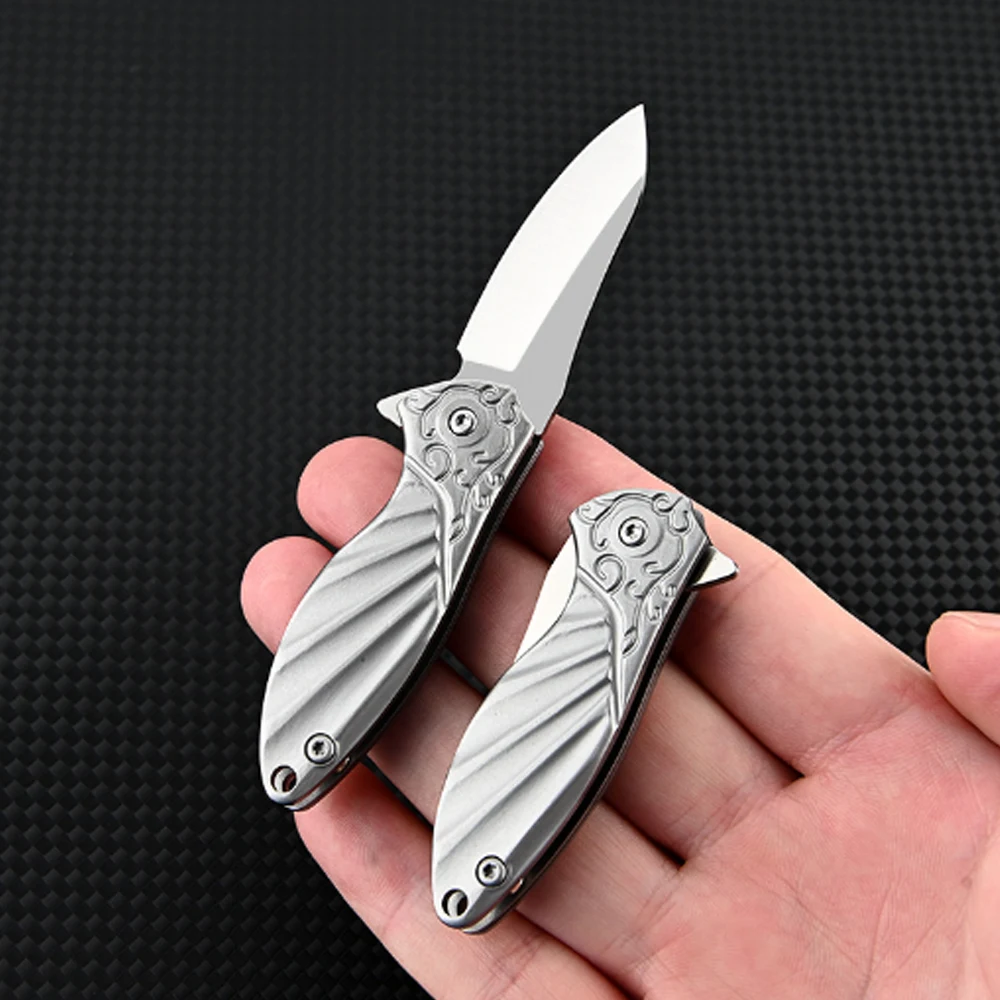 English: Mini Stainless Steel Folding Pocket Knife, Engraved Pattern Handle EDC Carry Knife, Sharp Small Utility Cutting Tool fo