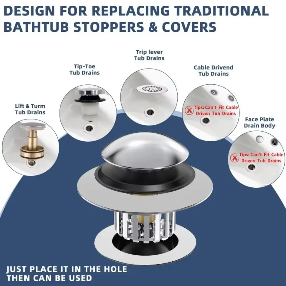 

Universal Design Tub Stopper Drain Cover Lift And Turn Bathtub Drain Filter Hair Filter Pop Up Mechanism Pop Up Stopper