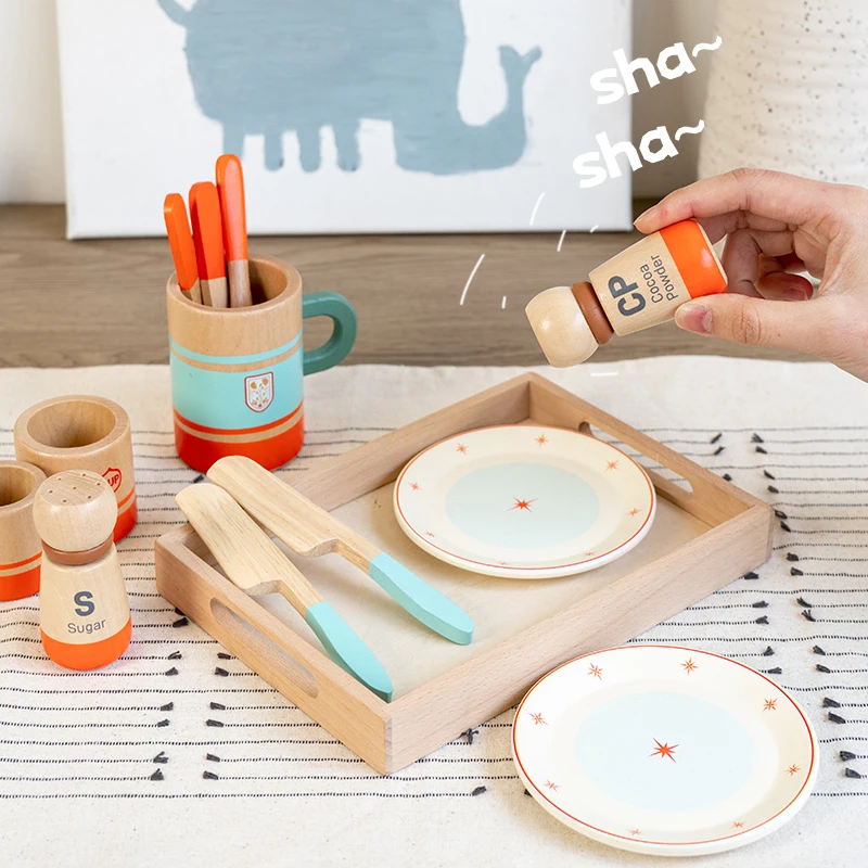 مجموعة أدوات مائدة خشبية متباينة باللونين البرتقالي والأزرق أدوات مطبخ واقعية + قطع زخرفية ممتعة لعب الأدوار للأطفال #2