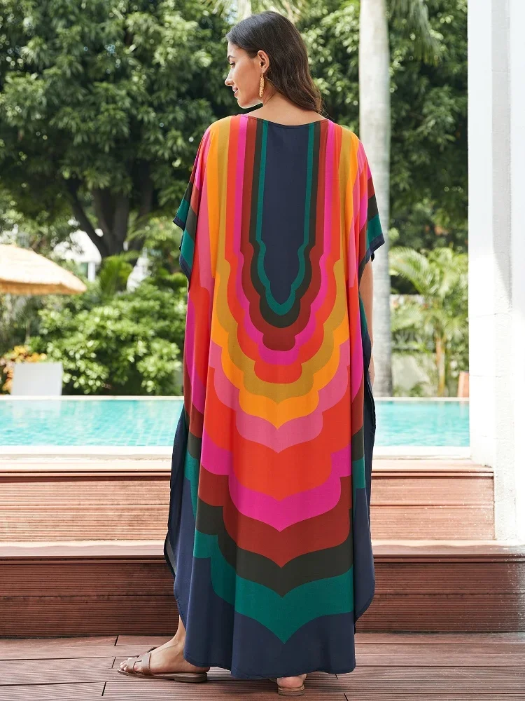 LORYLEI Colorful Women Kaftan Long Dress For Women 2024 Summer Causal Round Neck Batwing Sleeve Outfit Moo Moo Dresses Q1632