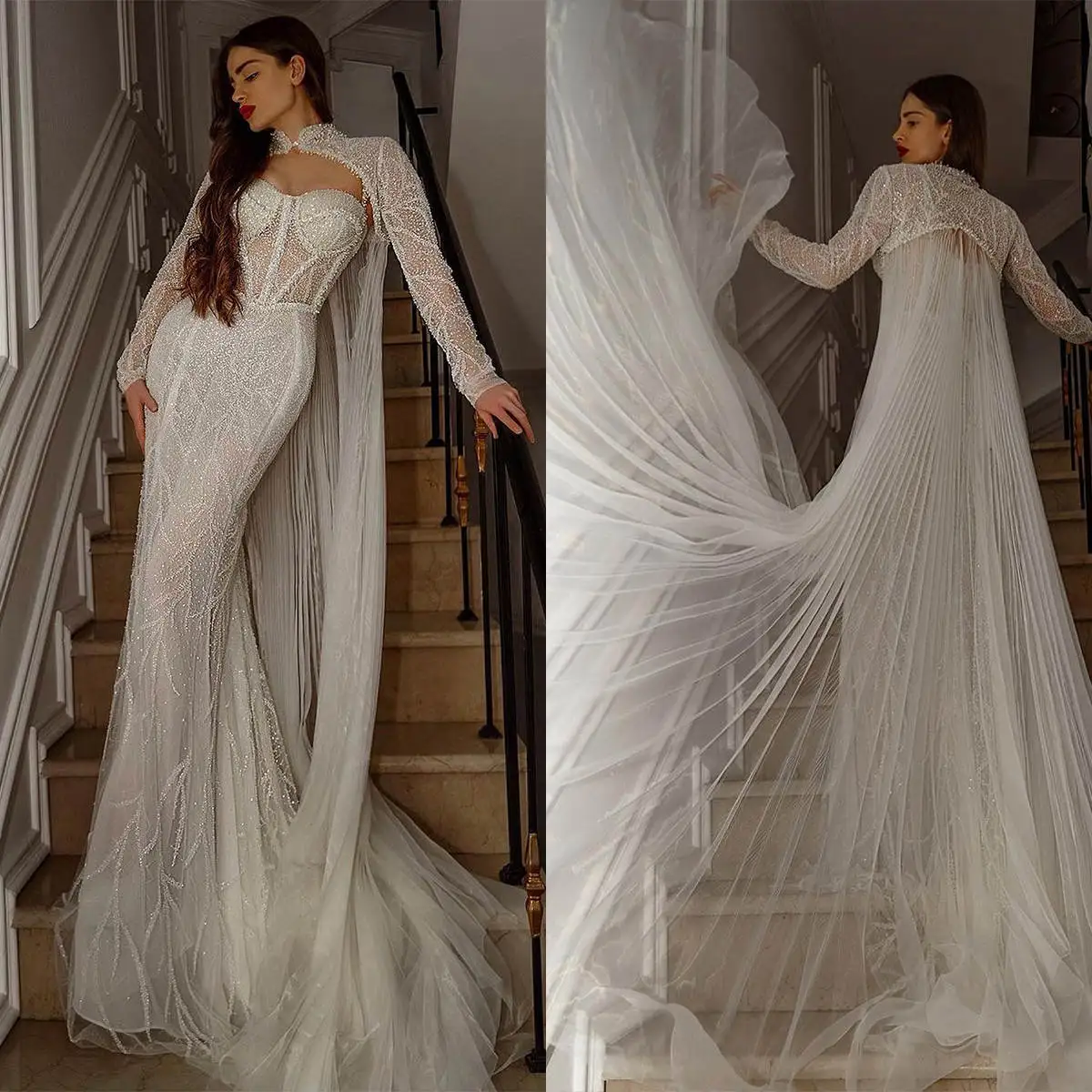 Sexy Mermaid Wedding Dress With Jacket Sheer Sweetheart Spaghetti Strap  Bride Gowns Beaded Sequins Sleeveless Bridal Dresses