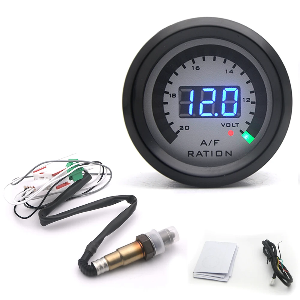 2 in 1 Meter 52MM Narrow Band Air Fuel Ratio Gauge Kit 12V Car Voltmeter with O2 Oxygen Sensor Car Modification Accessories