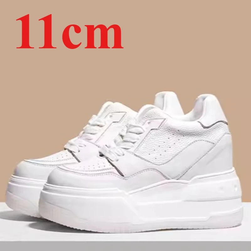 Women's Outdoor Platform Chunky Sneakers Thick-soled Height Increasing Shoes Genuine Leather White Shoes 13cm Elevator Shoes for