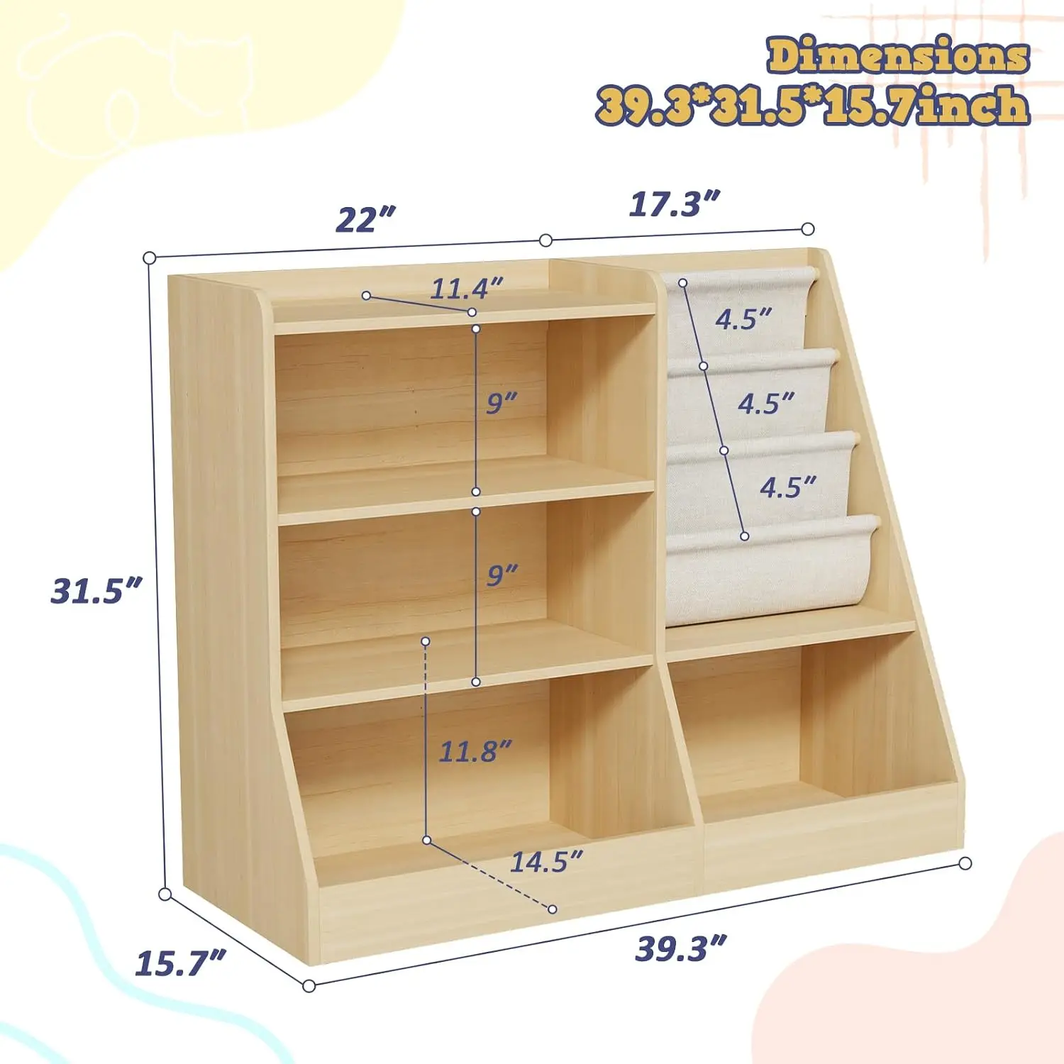 Large Wooden Children Bookshelf Toy Storage Organizer Natural 40 Inch Bookcase Sling Book Rack Toddler Shelf Kids Rooms Playroom