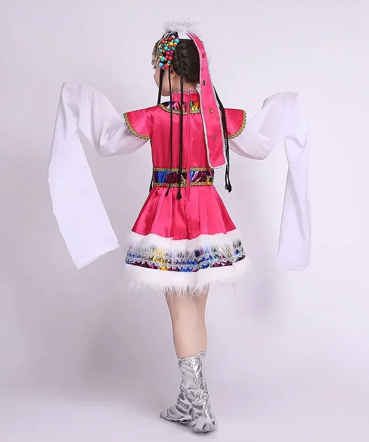 Zang nationality Dance Costume For Girl Traditional Tibetan Performance Clothing For Kids Children School Dance Dress