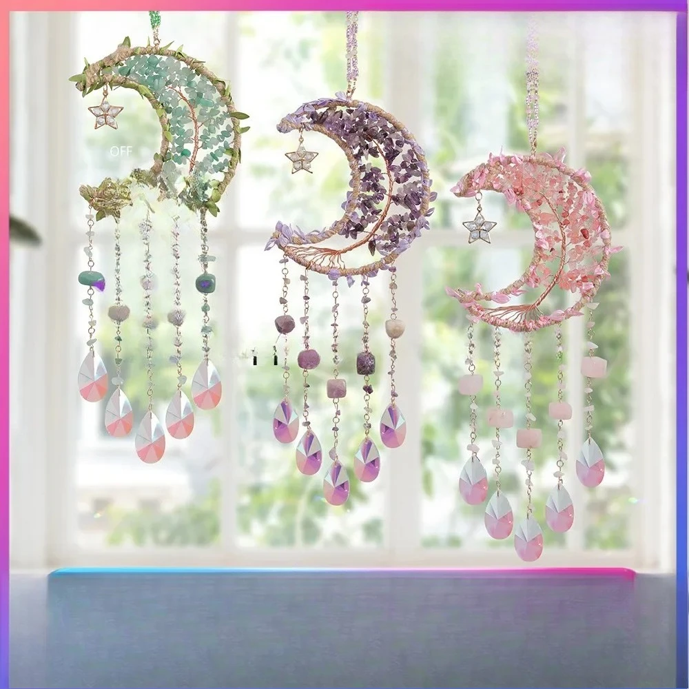 P2  Hand Wound Natural Crystal Crushed Stone Life Tree Moon Sun Catcher Wind Sheet Bell Pendant Decoration