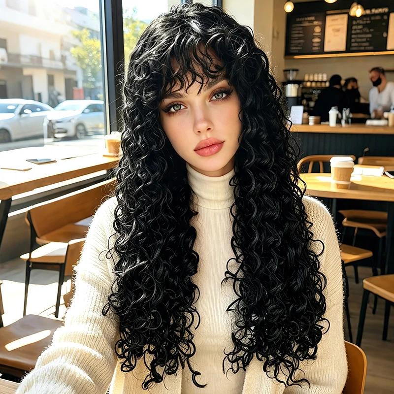 Black Wig Women Synthetic Long Curly Hair Afro Kinky Curls Natural Daily Party Cosplay Costume