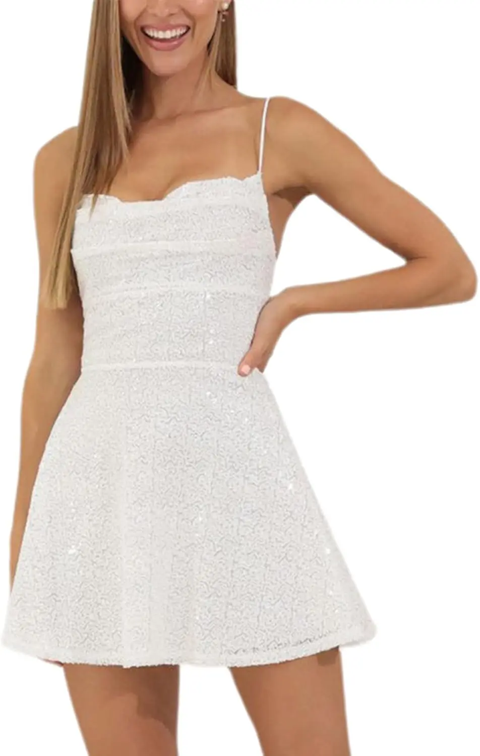 Women's Sequin Dress Sexy Backless Spaghetti Strap Cowl Neck Sparkly Glitter Mini Dress for Cocktail Homecoming Party Graduation