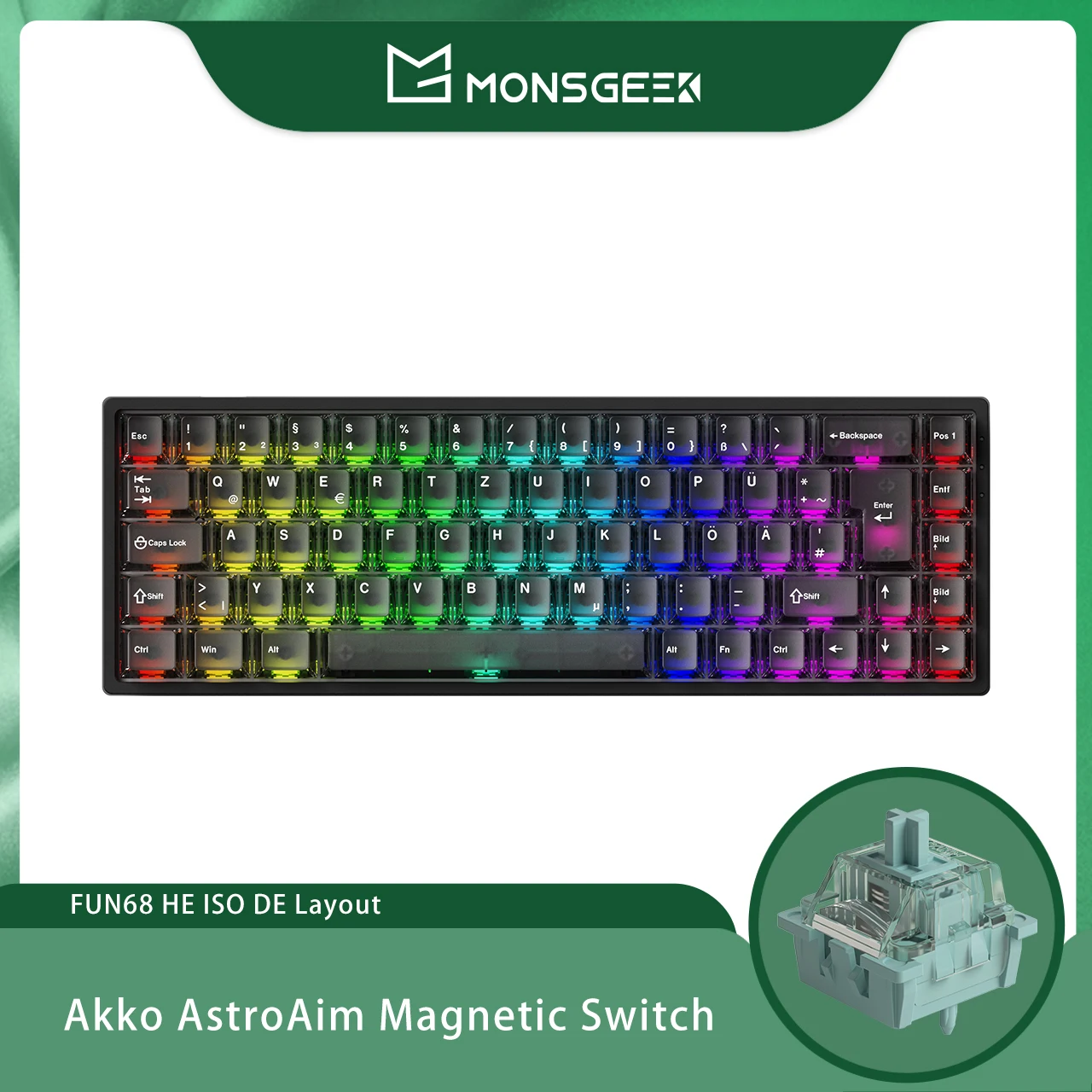 Akko MonsGeek FUN68 HE ISO DE Magnetisch Toetsenbord 69 Toetsen 65% Layout Zwarte Transparante Toetsen RT0.005mm 8K Polling Rate Gaming USB-C Bedraad Toetsenbord