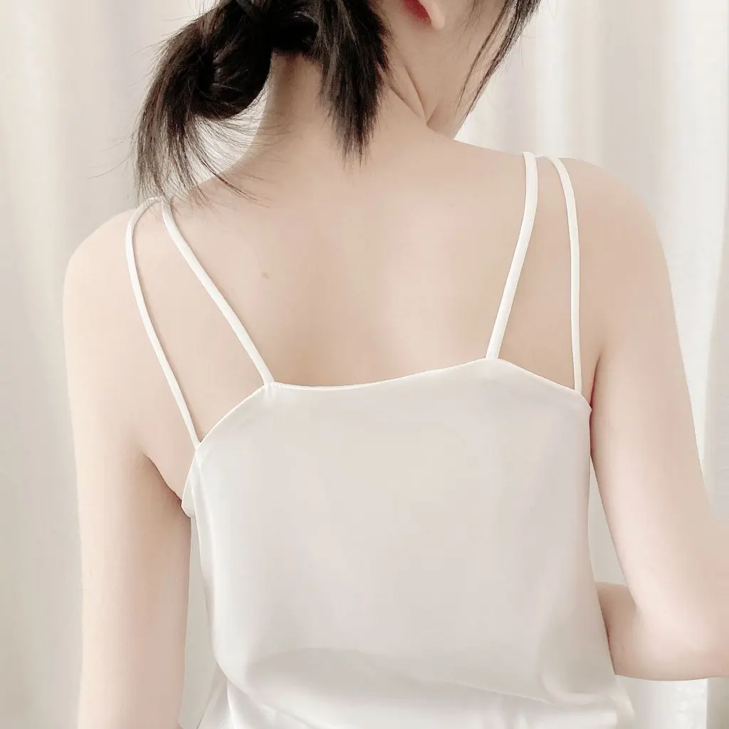 

Double Shoulder Strap Small Vest Texted Silk Satin Acetic Sling Hem Split Loose Slim Fit Women's Fashion Top