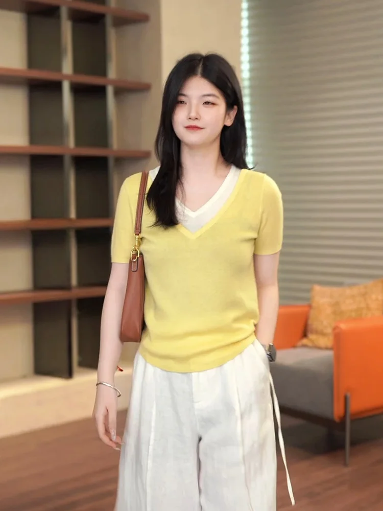 

Zone Classic V-Ne Knitted ort Sve T-irt Wool Blend Summer New Arrival Simple Sli Women's Casual Top