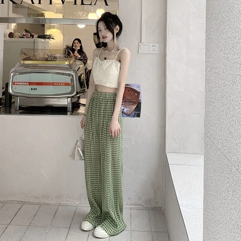 Wijde pijpen lange damesbroek elastische taille feest geruite Y2k streetwear originele kleding broek casual katoenen G-broek voor dames