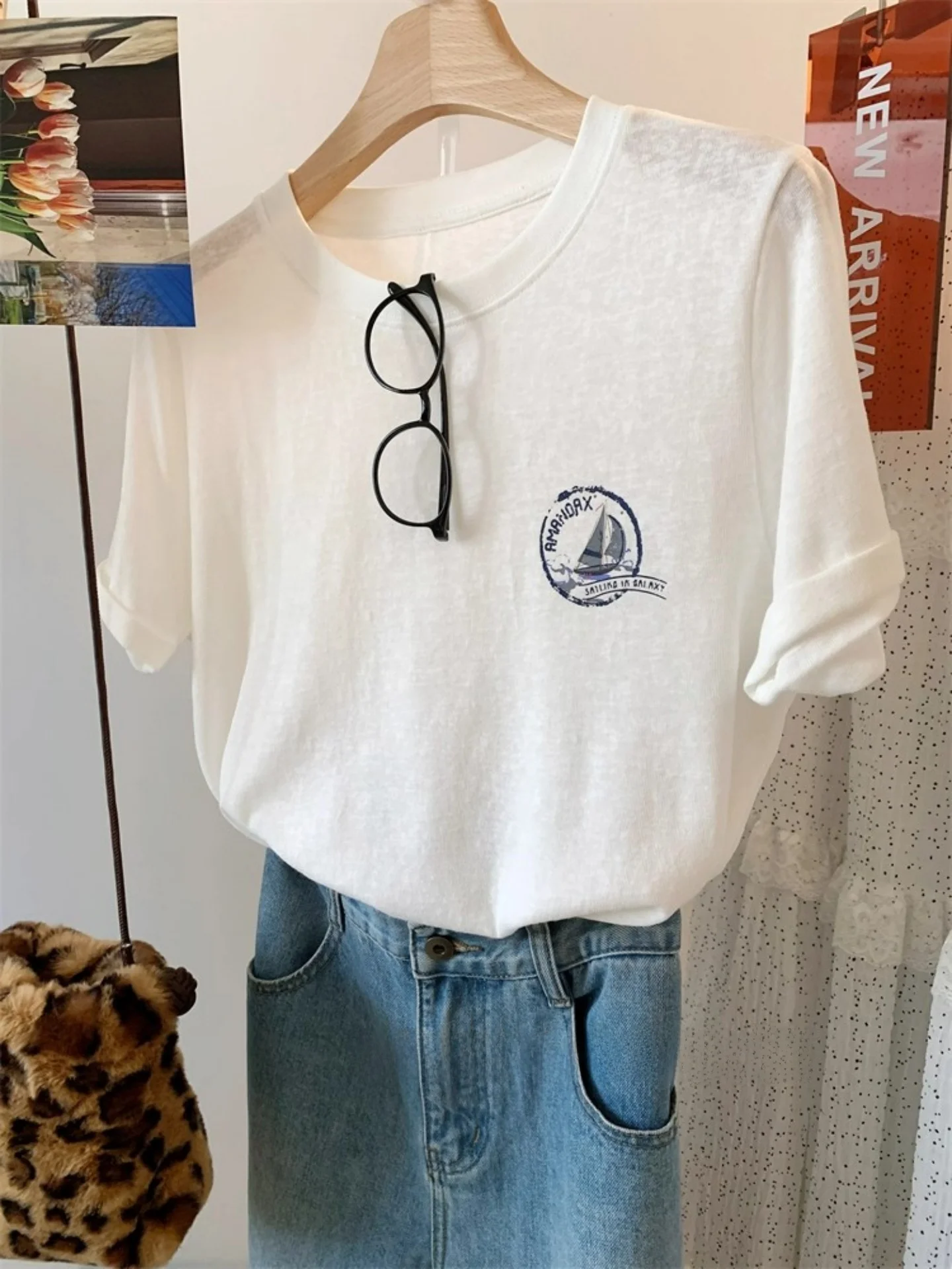 American Retro Sailing Ship Print Summer Thin Loose Simple Comfortable Breathable Short Sleeve T-Shirt Women's INS Top