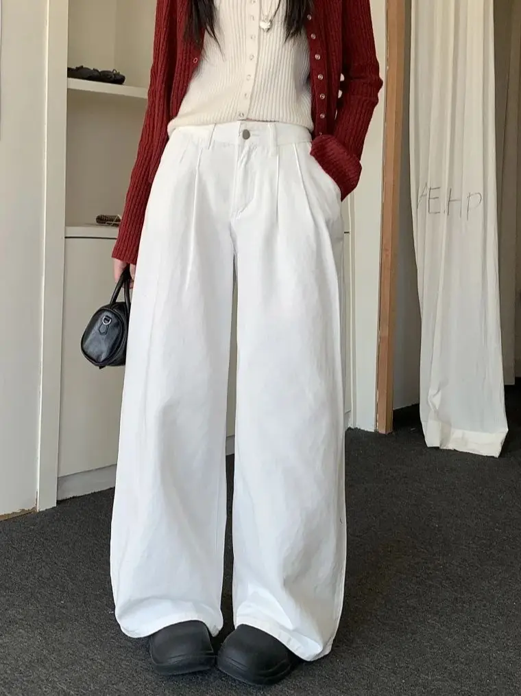 

PLAMTEE White Casual Pants Women Wide Leg Women Mopping Fashion Streetwear 2025 Summer OL All Match Daily New Loose Striaght