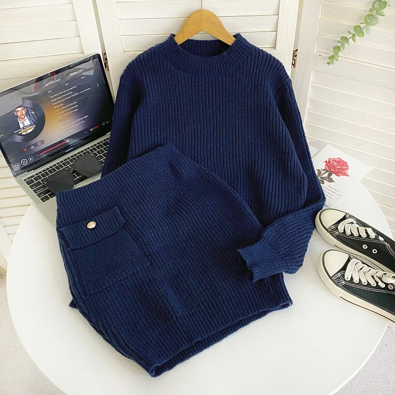 

Soft Wind round Neck Long Sleeve Loose Sweater Top High Waist Bodycon Skirt Two Piece Set Women Autumn Winter Fashion