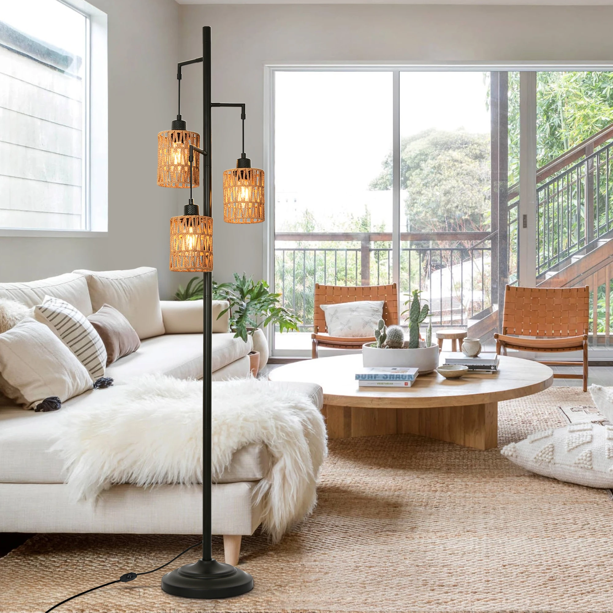 Farmhouse Floor Lamp 3 Light Boho Floor Light with Rattan Shade Dimmable Floor Lighting Fixture for Bedroom Office Decor