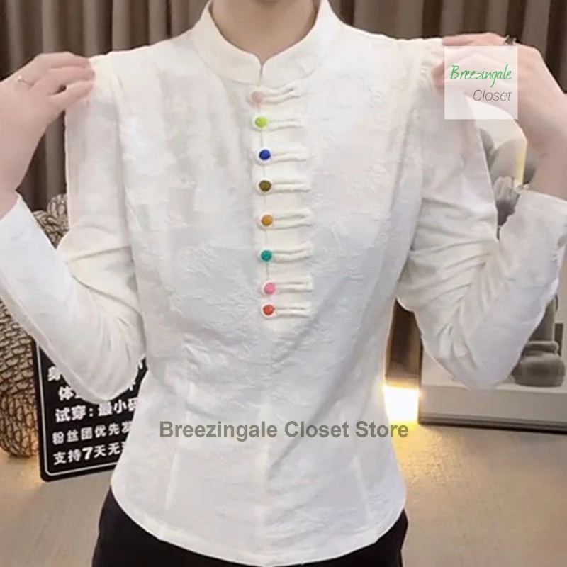 New Chinese style shirt fashion button-down top women's summer new stand-up collar slim retro long-sleeved national style