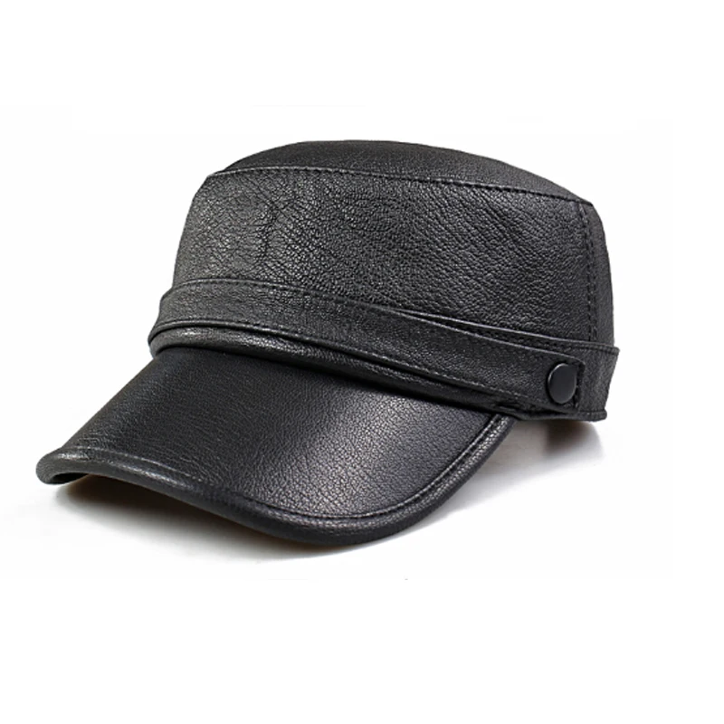 Cap For Men Spring Genuine Leather Black Flat Militar  Caps Male 55-60 Cm Customized Size Outdoor Snapback Golf Hat Trucker Hat