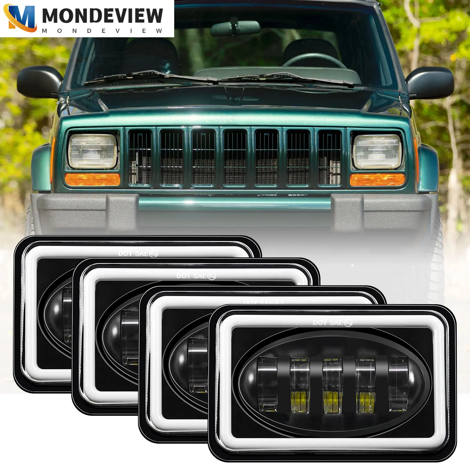 MONDEVIEW 5-inch H4 Square Wrangler Headlights 10000LM High Brightness DRL6000K White 200W High-power Car LED Headlights