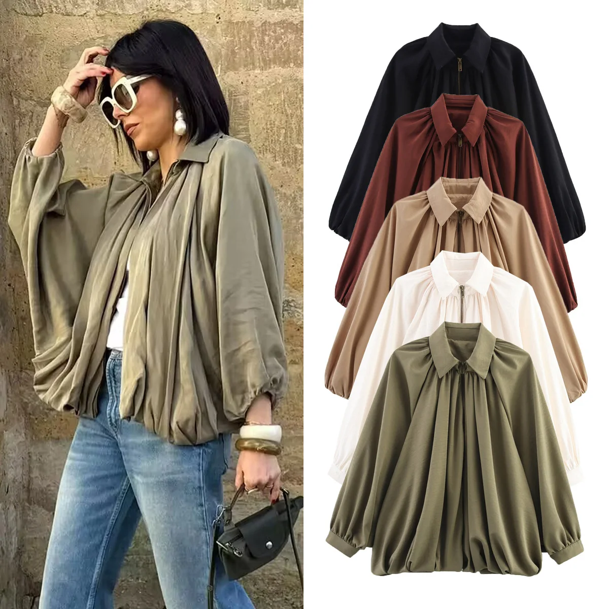 BWQ Women's satin lightweight baseball jacket casual pleated zipper jacket long sleeved women's jacketcasual women's jacket