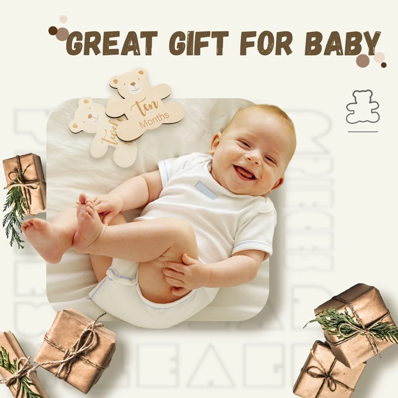 Wooden Baby Milestone Baby Birth 0-12 Month Number Cartoon Bear Commemorative Milestone Souvenir Newborn Photogroph Accessories