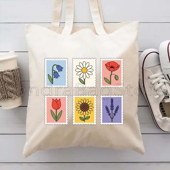 Vintage Aesthetic Movie Botanical Floral Stamp Collection Gifts Canvas Shoulder Tote Bag Fashion Handbag Shopper Shopping Bags