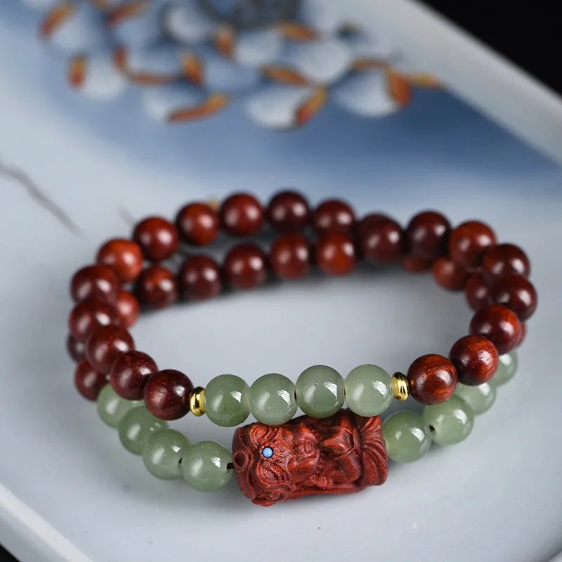 African small-leaf , Zambian blood rosewood 8MM double-loop bracelet, DIY with Dongling jade carving of the Goddess of W