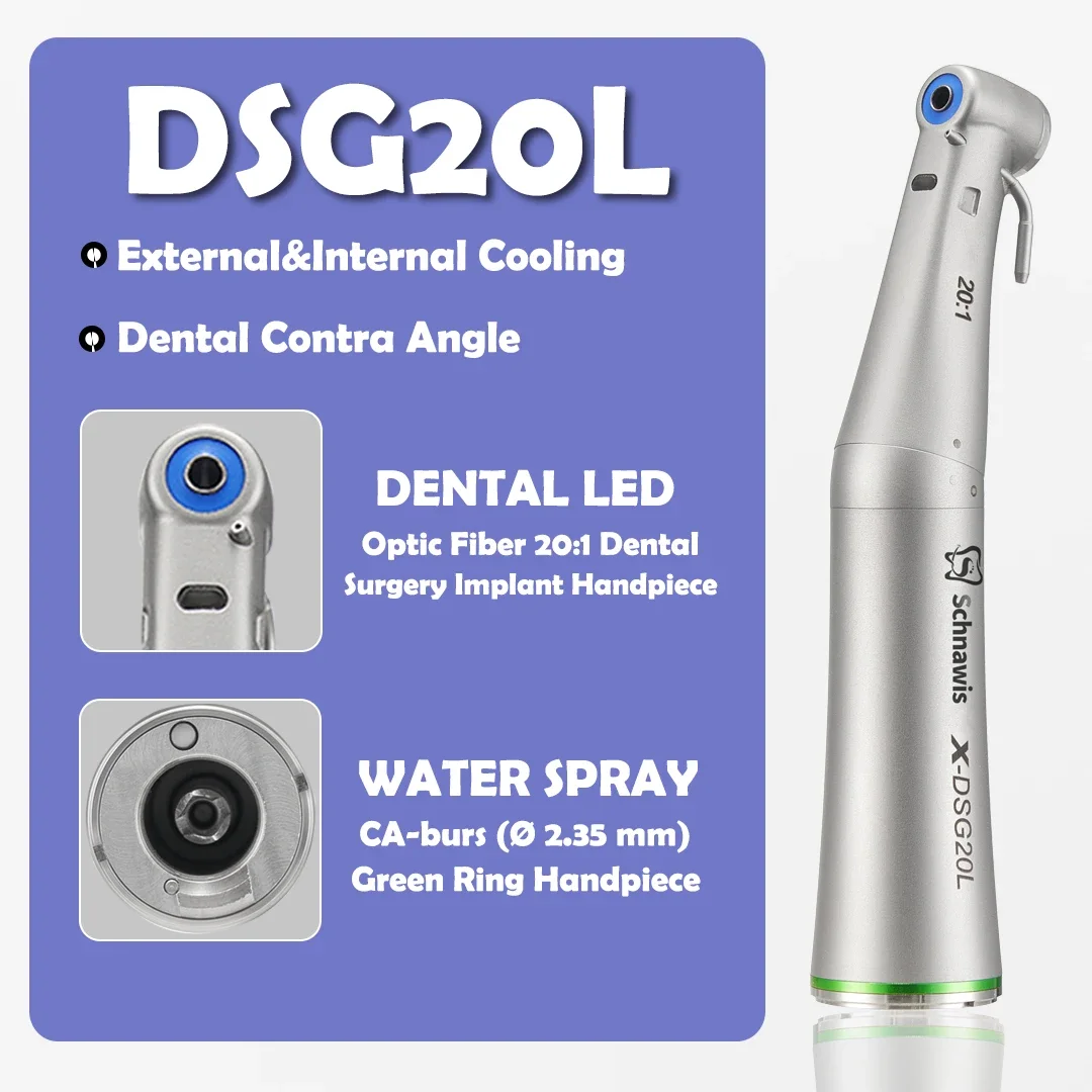 NSK Ti-Max DSG20L ไฟเบอร์ออปติก 20:1 ศัลยกรรมทันตกรรม Implant Handpiece ทันตกรรม Contra มุมที่ถอดออกได้ภายนอกและภายใน Cooling