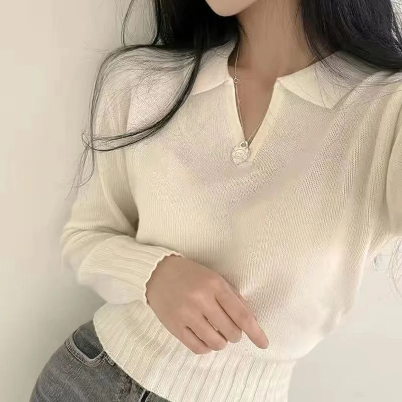 Korean V Neck Long Sleeve Knitted Shirt Women Spring Autumn New Grey Slim Crop Sweater Pullover Vintage Elegant Chic Female Tops