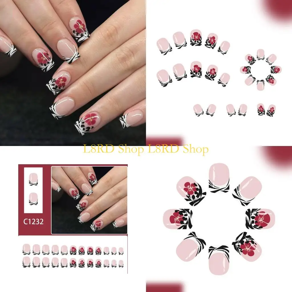 

L8RD 24 шт., блестящие накладные ногти, черные, красные полосы, цветочный дизайн, пластиковые накладные ногти