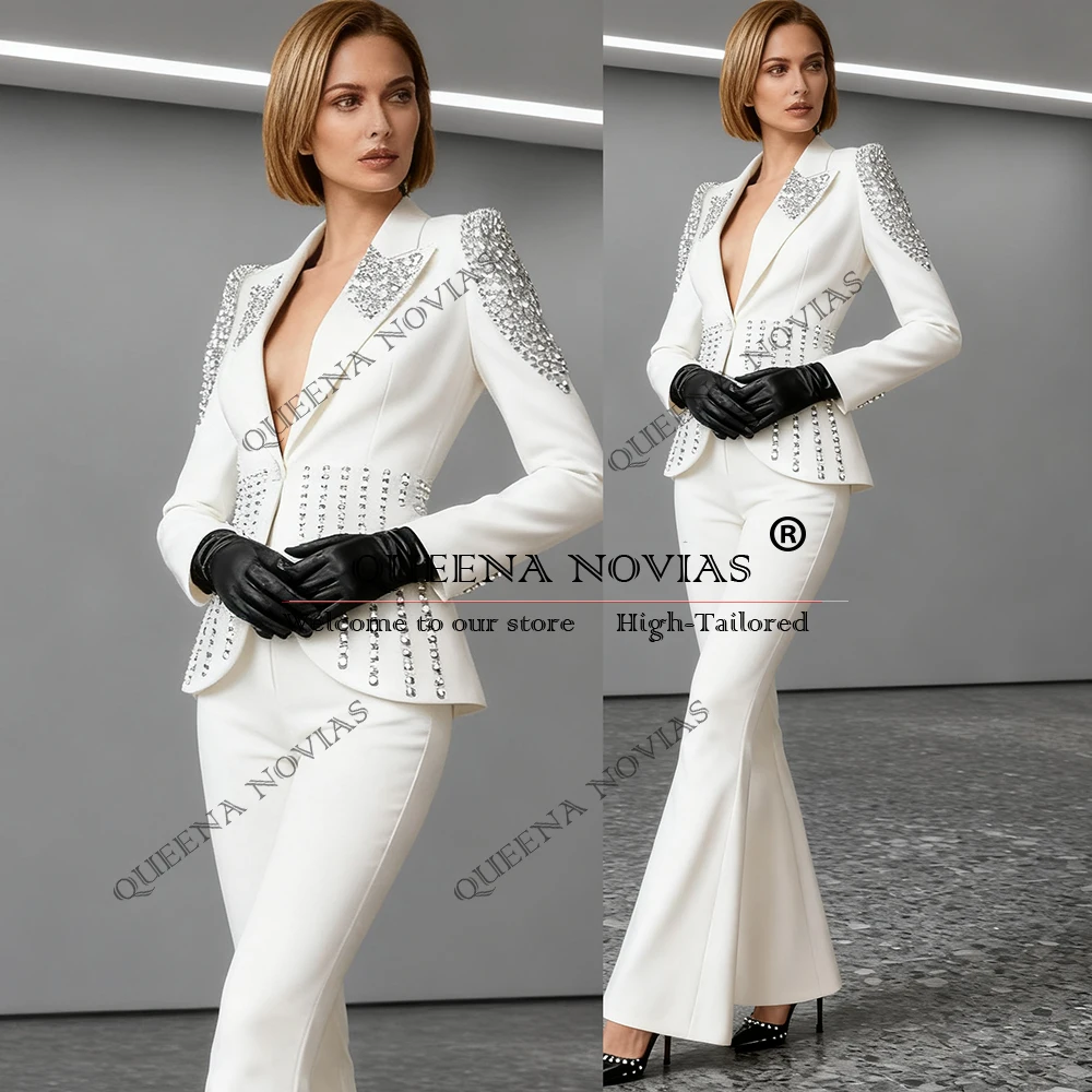 Elegant Ivory Women Pants Suit 2 Pieces Sets Sliver Beaded Lady Blazers Customized Bride's Mother Dresses Lady Banquet Attire