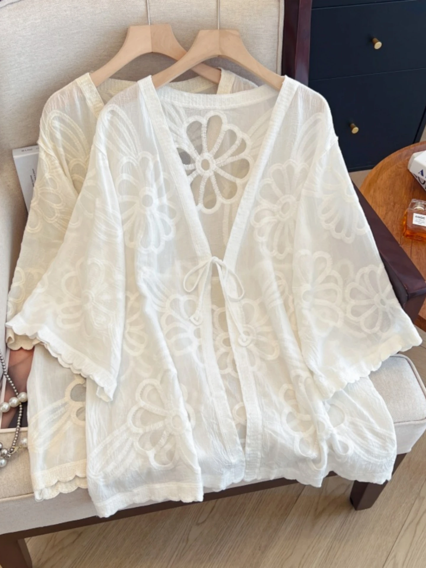

V-Neck Hollow out Cardigan Women's Summer plus Size Slimming Midi Top Air Conditioning Cover up Korean Style Loose Fit Shirt