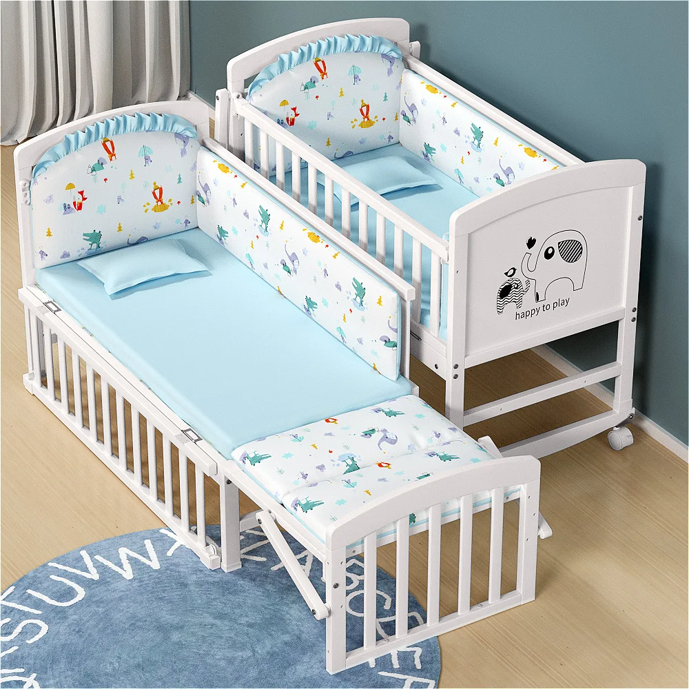 Popular European Style White Solid Wood Baby Crib Bed with Adjustable Wheels for Children's Bedroom