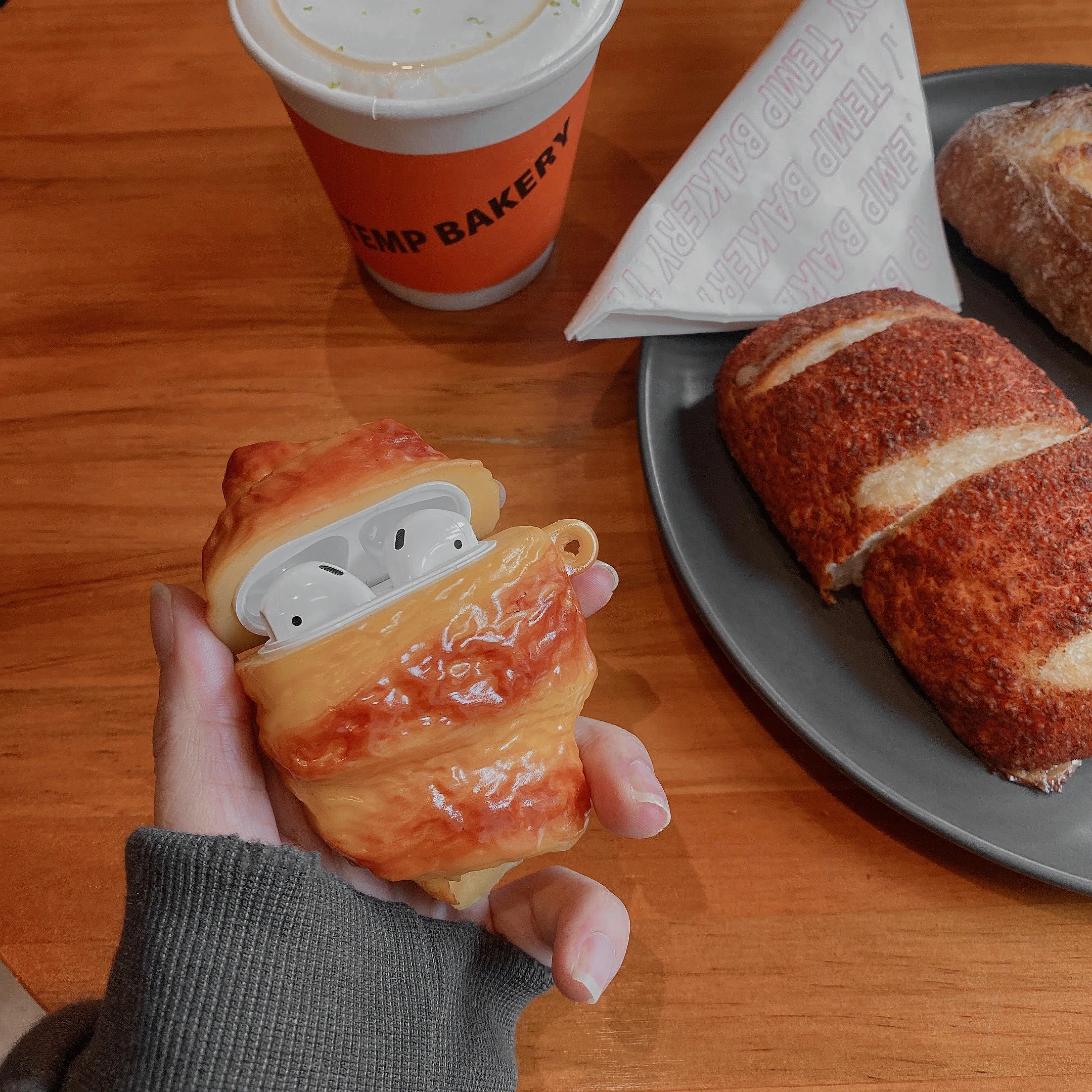 Silicone Case for Apple AirPods Pro with Keychain Hook Croissant Bread 3D Cartoon Food Shaped Cute Lovely Fun Funny For AirPods4